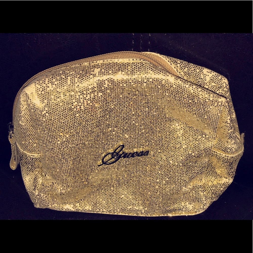 gold glitter Guess makeup bag
